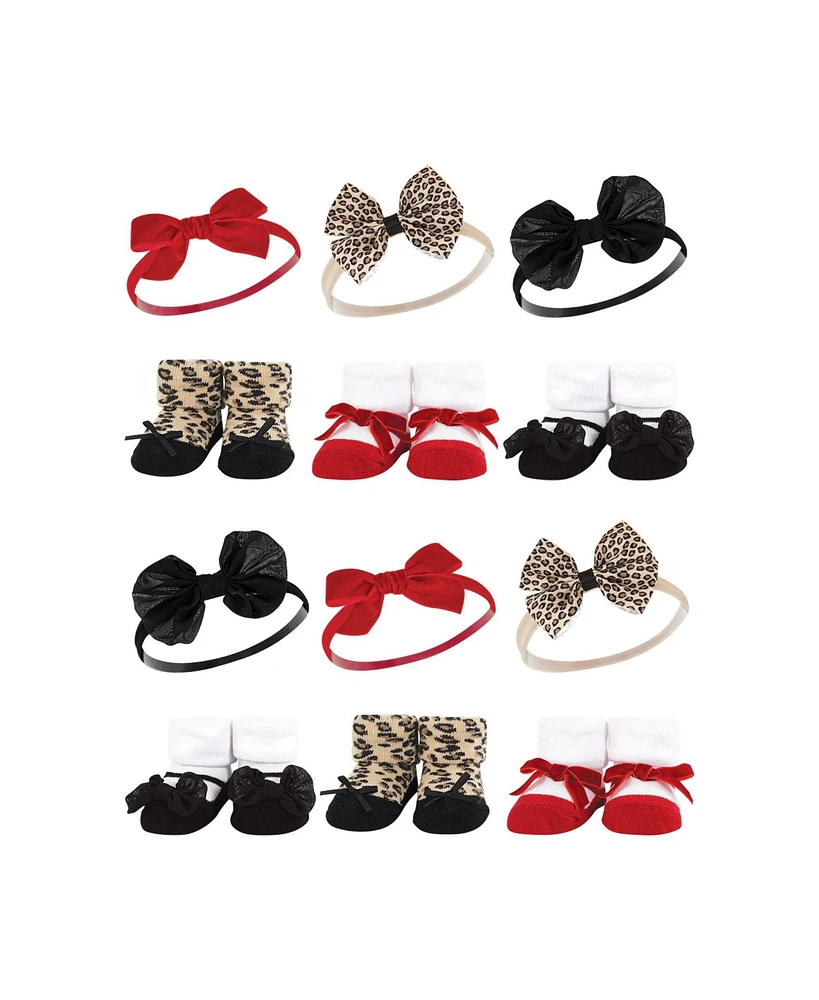 Hudson Baby Infant Girl 12Pc Headband and Socks Giftset, Red Leopard, One Size