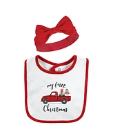 Hudson Baby Baby Girls Cotton Bib and Headband or Caps Set, Red Truck Bows, One