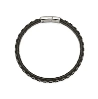 Chisel Stainless Steel Polished Cable and Leather Bracelet