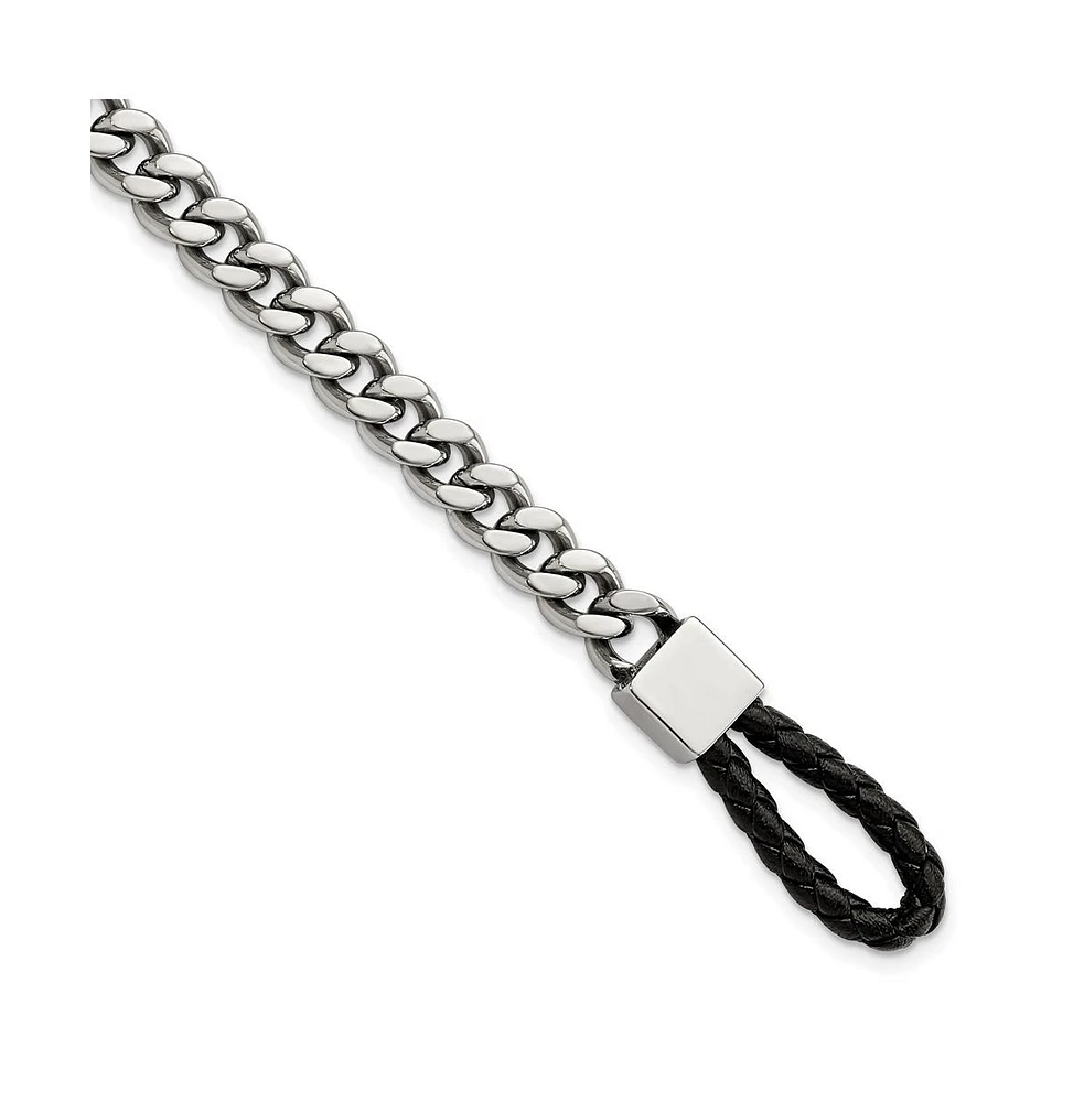 Chisel Stainless Steel Curb Chain with Black Leather Hook Bracelet