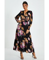 Quiz Women's Black Floral Chiffon Tiered Hem Maxi Dress