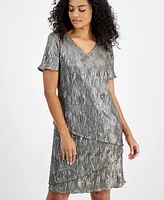 Connected Petite Tiered Short-Sleeve V-Neck Dress