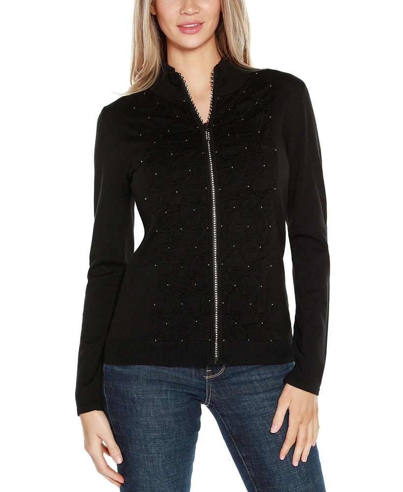 Belldini Black Label Women's Rhinestone-Zip Embellished Cardigan Sweater