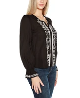 Belldini Black Label Women's Tie-Neck Embroidered-Front Blouse Top