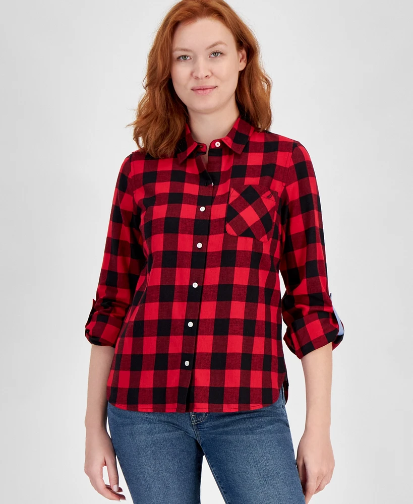 Nautica Jeans Women's Lake Check Roll-Tab-Sleeve Button-Up Shirt