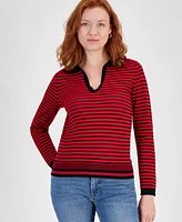 Nautica Jeans Women's Textured-Stripe Johnny-Collar Sweater