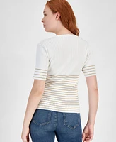 Nautica Jeans Women's Metallic-Stripe Short-Sleeve Sweater