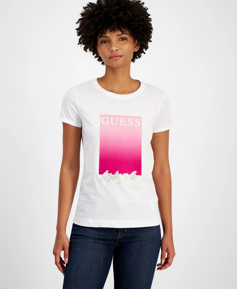 Guess Women's Crewneck Cotton Embellished-Logo T-Shirt