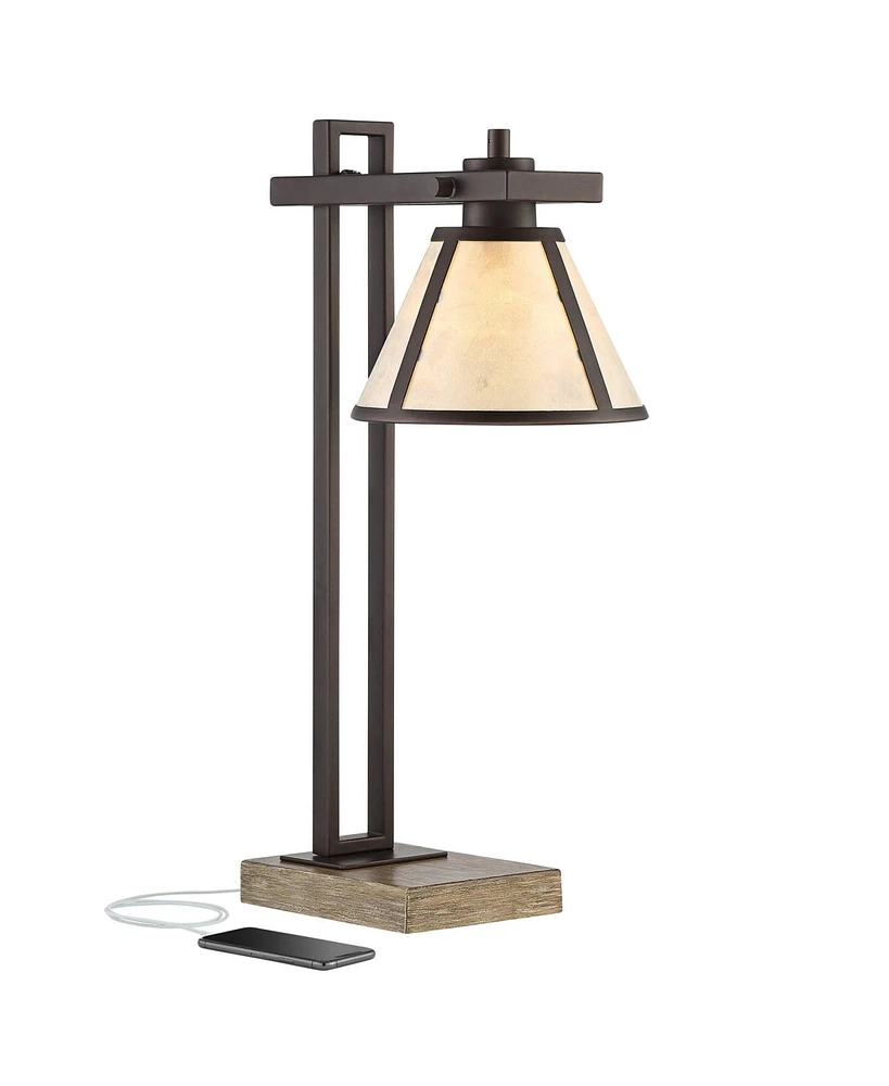 Franklin Iron Works Maricopa Rustic Farmhouse Desk Table Lamp with Usb and Ac Power Outlet in Base 21.25" High Bronze Wood Mica Shade for Living Room