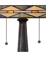 Art Deco Tiffany Style Accent Table Lamp 21.5" High Mission Bronze Brown Antique Cream Amber Stained Glass Shade Decor for Living Room Bedroom House B