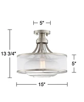 Possini Euro Design Layne Modern Ceiling Light Semi Flush-Mount Fixture 15" Wide Brushed Nickel Silver Organza Clear Glass Shade for Bedroom Kitchen L
