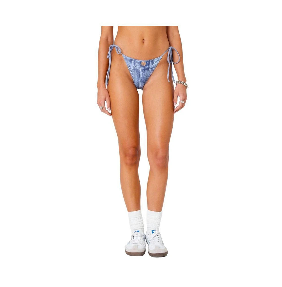 Women's Denim Printed String Bikini Bottom