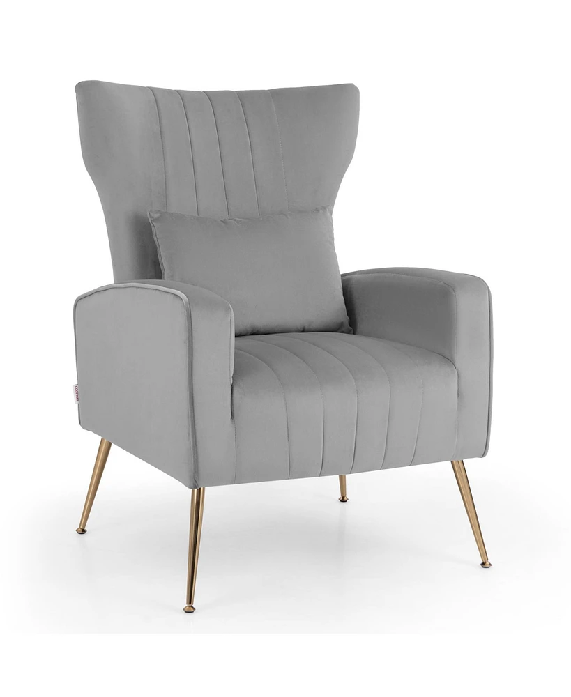 Slickblue Velvet Upholstered Wingback Chair with Lumbar Pillow and Golden Metal Legs