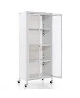 Slickblue Glass Doors Storage Cabinet with Wheels and Adjustable Shelves-White