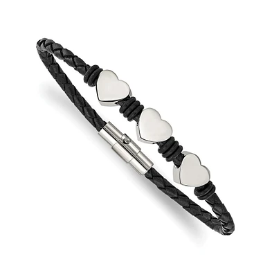 Chisel Stainless Steel Hearts Black Braided Leather Rubber Bracelet