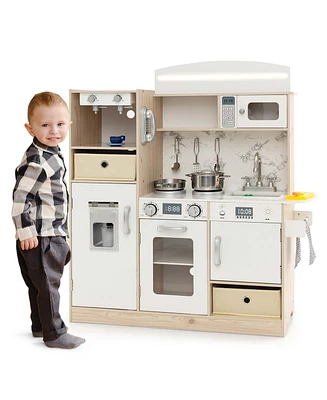 Costway Kids Pretend Play Kitchen Wooden Toy Playset with Led Lighting & Coffee Maker