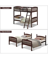 Sugift Hardwood Twin Bunk Bed Frames with Inclined Ladder and Safety Guardrails