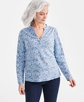 Style & Co Women's Cotton Printed Ruffled Long Sleeve Top, Created for Macy's