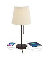 Flesner Modern Desk Table Lamp with Hotel Style Usb and Ac Power Outlet in Base 20" High Bronze Metal Oatmeal Drum Shade for Living Room Bedroom House