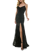 City Studios Juniors' Flocked Glitter Mesh Ruched Corset Gown