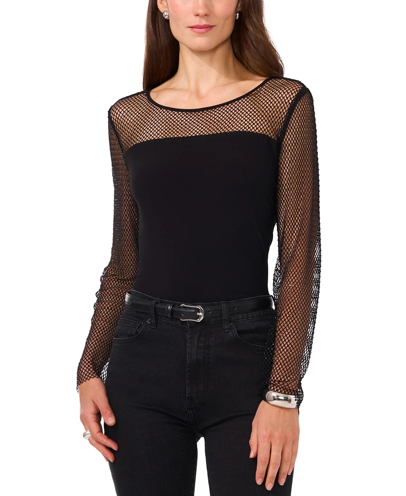 Vince Camuto Women's Long-Sleeve Embellished Mesh Top