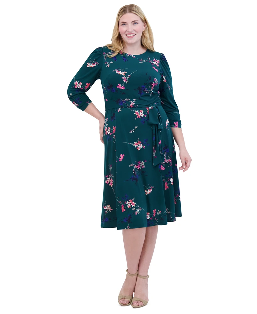 Jessica Howard Plus Printed 3/4-Sleeve Belted Midi Dress