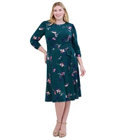 Jessica Howard Plus Printed 3/4-Sleeve Belted Midi Dress