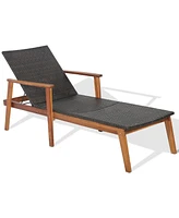 Gymax Adjustable Patio Rattan Lounge Chair Recliner Outdoor Chaise Acacia Wood Frame