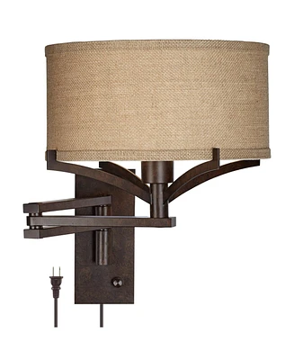 Franklin Iron Works Tremont Rustic Farmhouse Swing Arm Wall Lamp Bronze Plug-In Light Fixture Dimmable Tan Burlap Drum Shade for Bedroom Bedside House