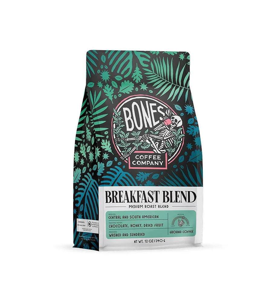 Bones Coffee Company Breakfast Blend Whole Coffee Beans | 12 oz Medium Roast Arabica Low Acid Coffee | Gourmet Coffee (Whole Bean)