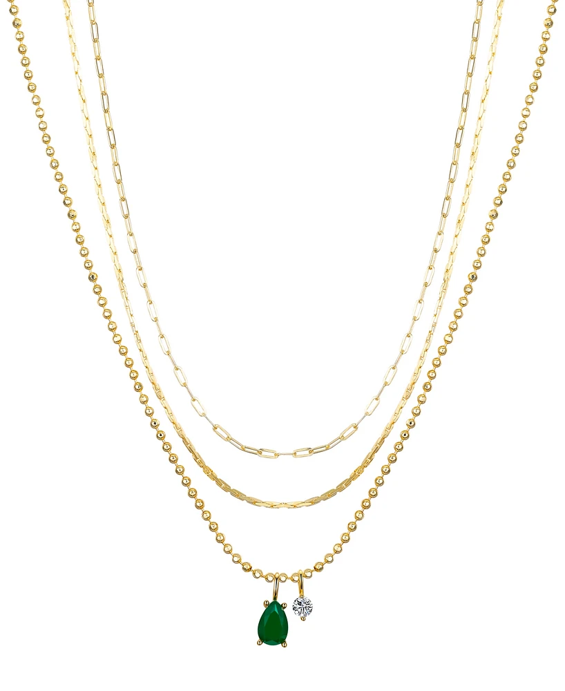 Unwritten Green Teardrop Glass and Cubic Zirconia Paperclip Layered Pendant Necklace Set