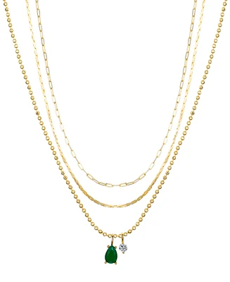 Unwritten Green Teardrop Glass and Cubic Zirconia Paperclip Layered Pendant Necklace Set