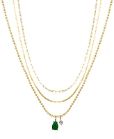 Unwritten Green Teardrop Glass and Cubic Zirconia Paperclip Layered Pendant Necklace Set