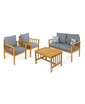 Jonathan Y Everly 4-Piece Modern Cottage Acacia Wood Outdoor Patio Set with Cushions and Tropical Decorative Pillows, Gray/Teak Brown