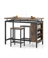 Slickblue 3 Pieces Dining Table Set with 3-Tier Storage Shelf and Metal Frame-Brown