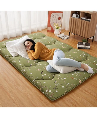 Caromio Full Size Futon Mattress Floor Mattress Pad Bird Floral Print Portable Dorm Sleeping Pad, 54"x 80"