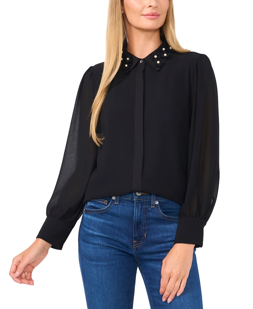 CeCe Women's Floral-Applique Collared Long-Sleeve Blouse