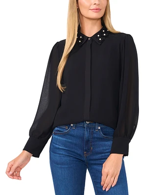 CeCe Women's Floral-Applique Collared Long-Sleeve Blouse