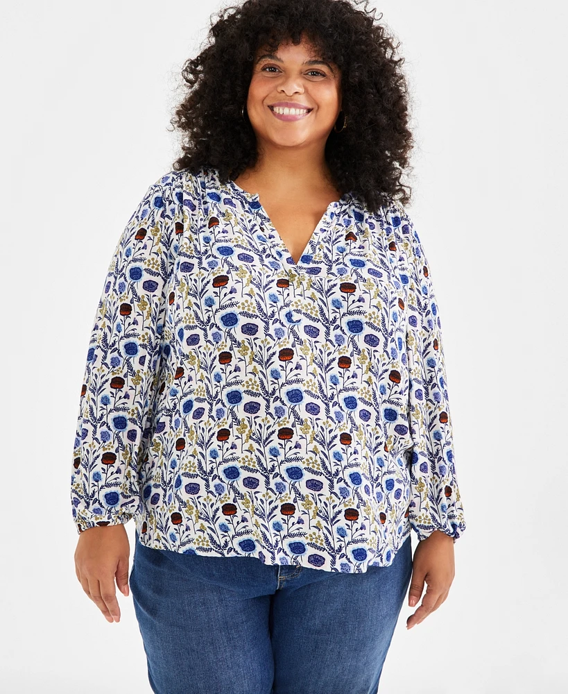 Style & Co Plus Printed Split-Neck Popover Blouse