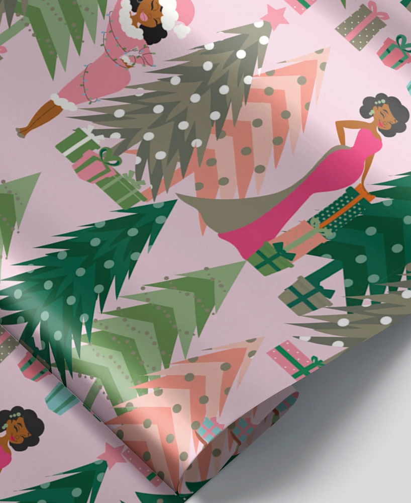 Black Paper Party Pink Holly Tree Gift Wrap