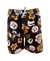 Wes & Willy Big Boys and Girls Black Pittsburgh Steelers Floral Volley Swim Trunks