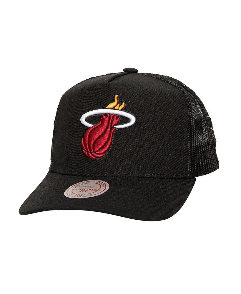 Mitchell & Ness Men's Black Miami Heat Monogram All-Over Logo Mesh Trucker Adjustable Hat