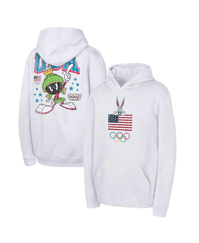 Outerstuff Big Boys and Girls Marvin the Martian White Team Usa Looney Tunes Pullover Hoodie