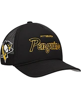 Mitchell & Ness Men's Black Pittsburgh Penguins Script Side Patch Trucker Adjustable Hat