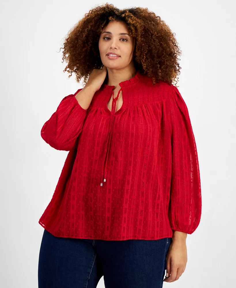Tommy Hilfiger Plus Size Clip-Dot Tie-Neck Smocked-Yoke Top