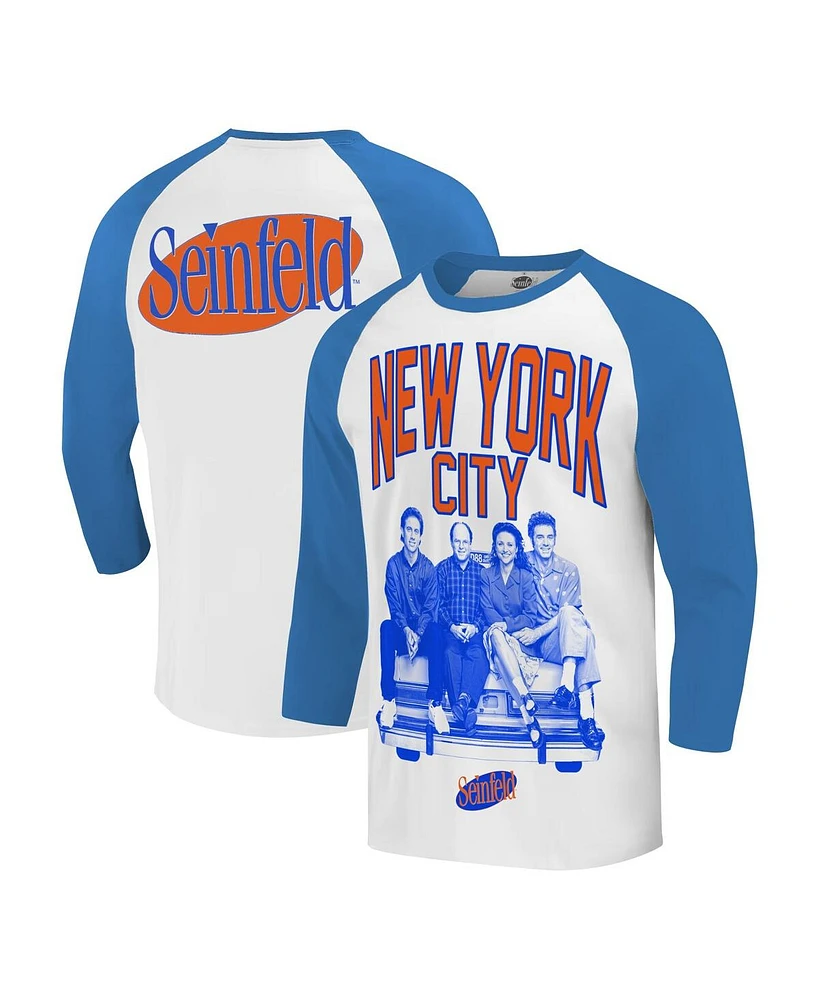 Ripple Junction Men's White/Royal Seinfeld New York City Baseball 3/4-Sleeve Raglan T-Shirt