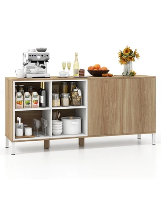 Slickblue 63 Inches Buffet Sideboard with 4 Compartments and Push-to-Open Cabinet-Natural