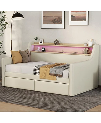 Simplie Fun Twin Daybed with Storage, Charging Station, Led Lights, and Bronze Nailhead Trim