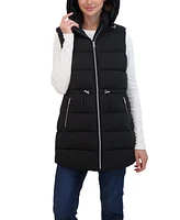 Sebby Collection Women's 3/4 Hooded Stretch Puffer Vest With Drawstring Waist