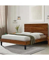 Mid-Century Modern Solid Wood King Bed with Six-Piece Headboard